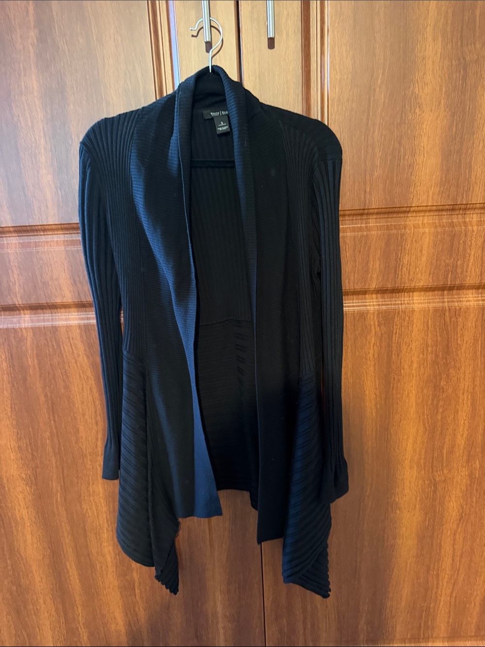 WHBM Black Open-Front Ribbed Draped Asymmetrical Cardigan - Size M